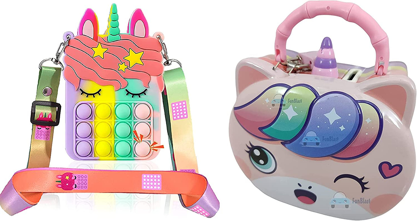 FunBlast Unicorn Pop it Sling Bag with Unicorn Coin Box for Kids - Pop it Purse for Girls, Stress Relief Toys Pop It Bag for Girls, Cartoon Toy Money Bank for Kids, (Pack of 2 Pcs; Random Color)