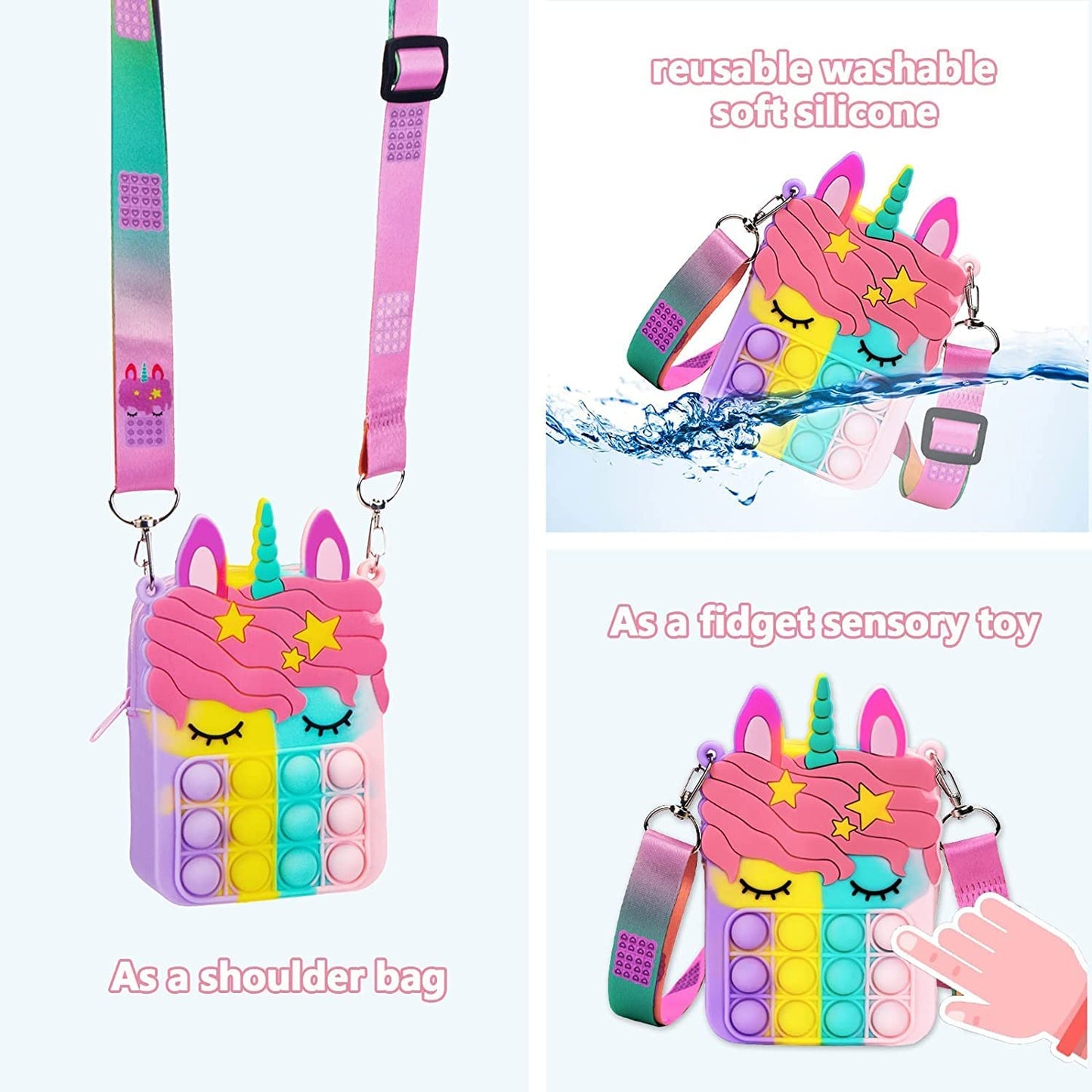 FunBlast Unicorn Pop it Sling Bag with Unicorn Coin Box for Kids - Pop it Purse for Girls, Stress Relief Toys Pop It Bag for Girls, Cartoon Toy Money Bank for Kids, (Pack of 2 Pcs; Random Color)