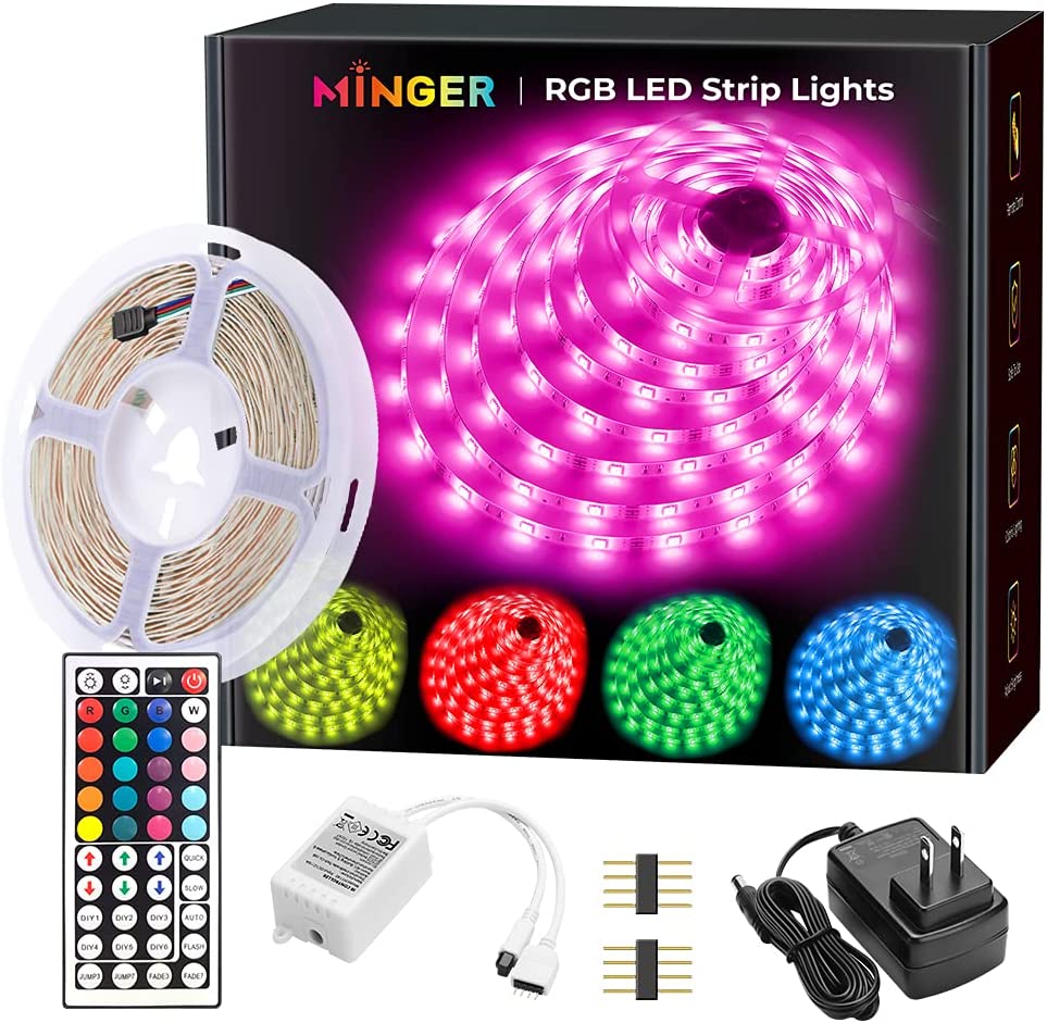 MINGER LED Strip Lights 16.4ft, RGB Color Changing LED Lights for Home, Kitchen, Room, Bedroom, Dorm Room, Bar, with IR Remote Control, 5050 LEDs, DIY Mode