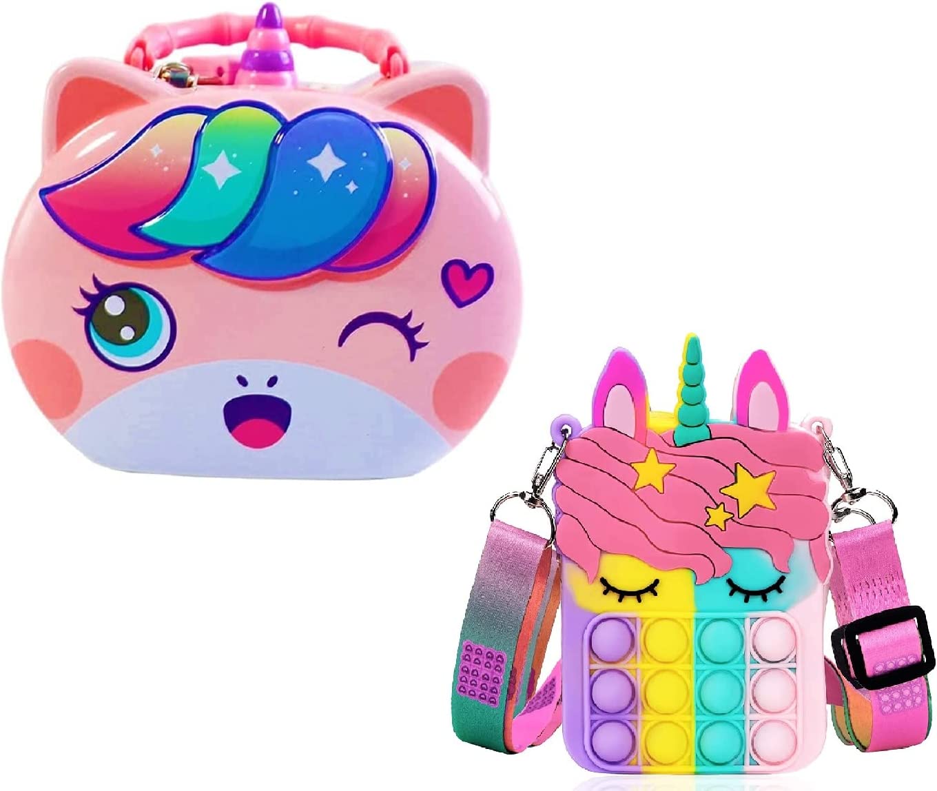FunBlast Unicorn Pop it Sling Bag with Unicorn Coin Box for Kids - Pop it Purse for Girls, Stress Relief Toys Pop It Bag for Girls, Cartoon Toy Money Bank for Kids, (Pack of 2 Pcs; Random Color)