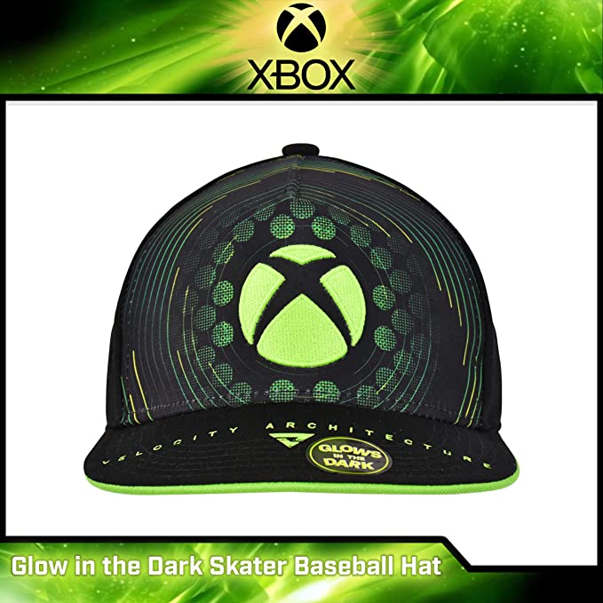 Xbox Microsoft Baseball Hat, Glow in The Dark Skater Adult Snapback Cap with Flat Brim, Black/Green, One Size