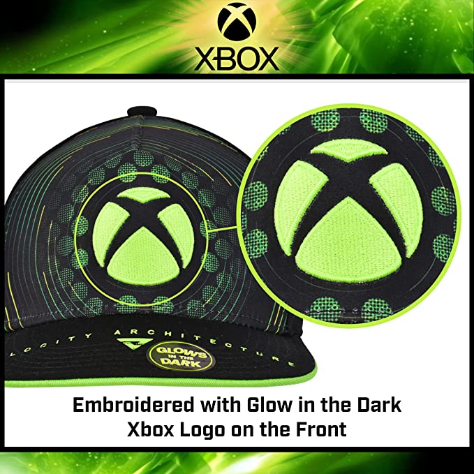 Xbox Microsoft Baseball Hat, Glow in The Dark Skater Adult Snapback Cap with Flat Brim, Black/Green, One Size