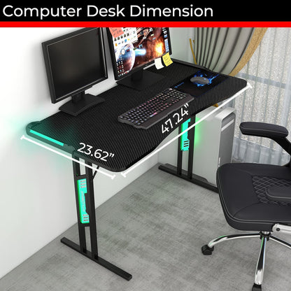 Gaming Desk, Computer Desk with LED Lights, 47.24 Inch Home Office T Shaped Desk, Home Office Writing Study Desk, Modern Computer Game Table, Office Writing Workstation