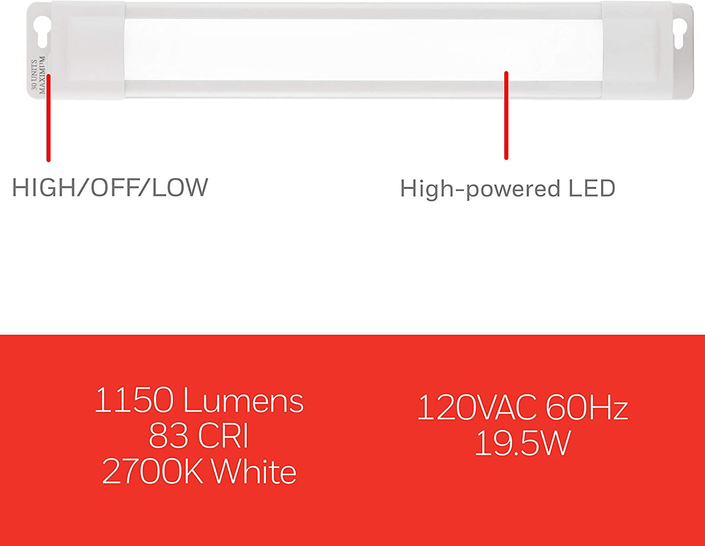 UltraPro 36in. Linkable LED Light Fixture, Selectable Brightness, Slim LED Strip Light, Under Cabinet Lighting, Kitchen Light, HI/OFF/LOW Switch, 44108 , White