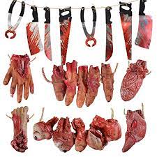 Halloween Blood Weapon Garland Banner Props Fake Scary Severed Hand Broken Body Parts for Haunted House Halloween Vampire Zombie Party Decorations Supplies (6pcs Body Parts + 8pcs Weapons)