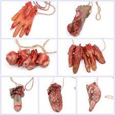 Halloween Blood Weapon Garland Banner Props Fake Scary Severed Hand Broken Body Parts for Haunted House Halloween Vampire Zombie Party Decorations Supplies (6pcs Body Parts + 8pcs Weapons)